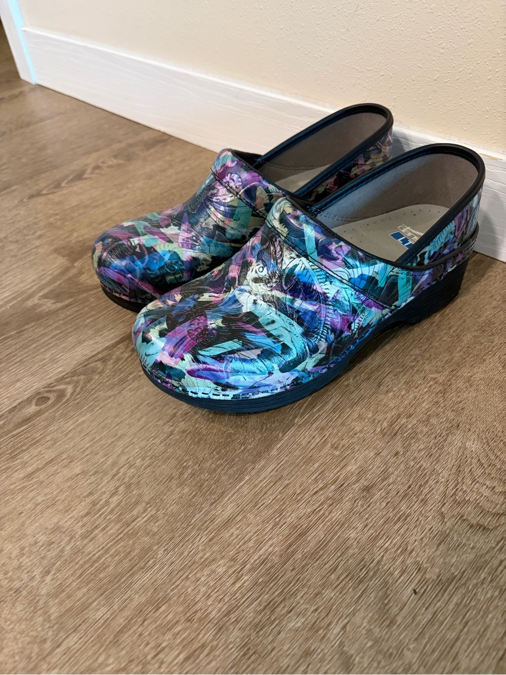 Dansko Teal Purple Black Patterned Leather Clogs